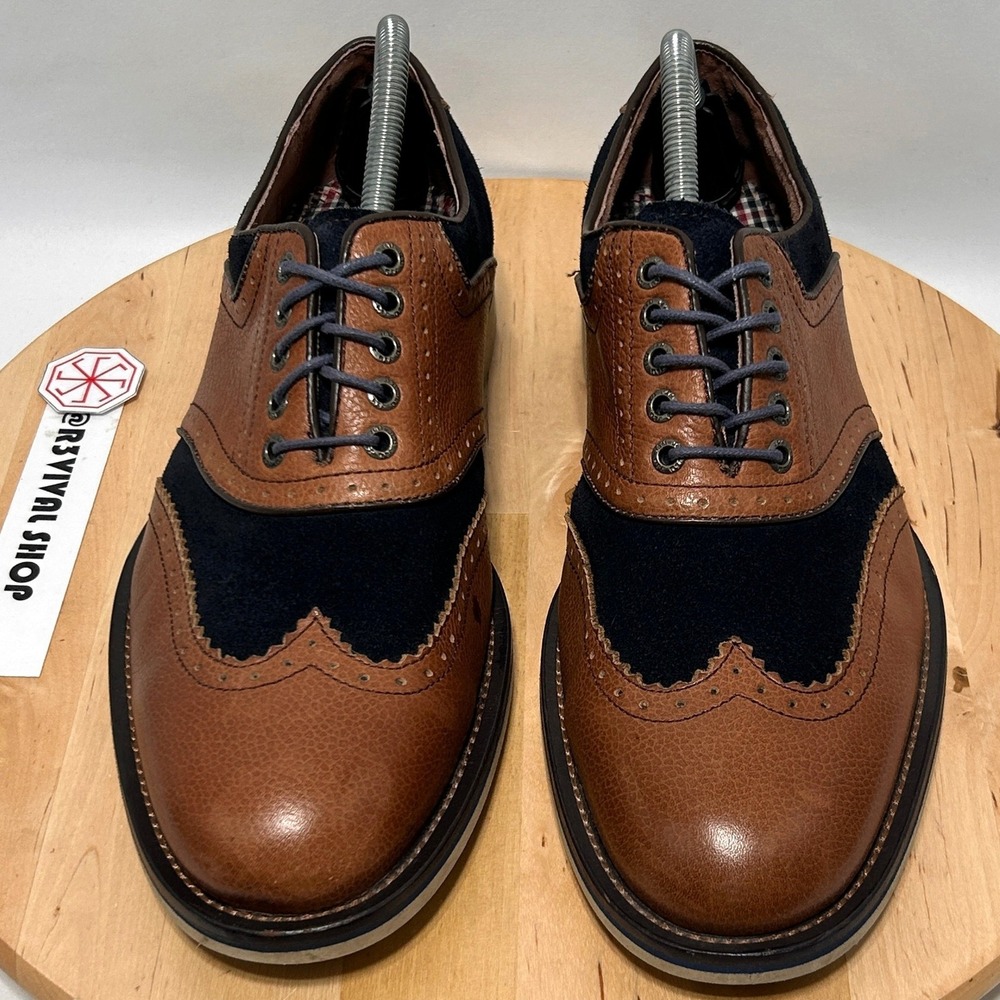 Johnston & Murphy Men's Brown Leather Navy Blue Suede Wingtip Dress Shoes - 9M - Picture 2 of 10